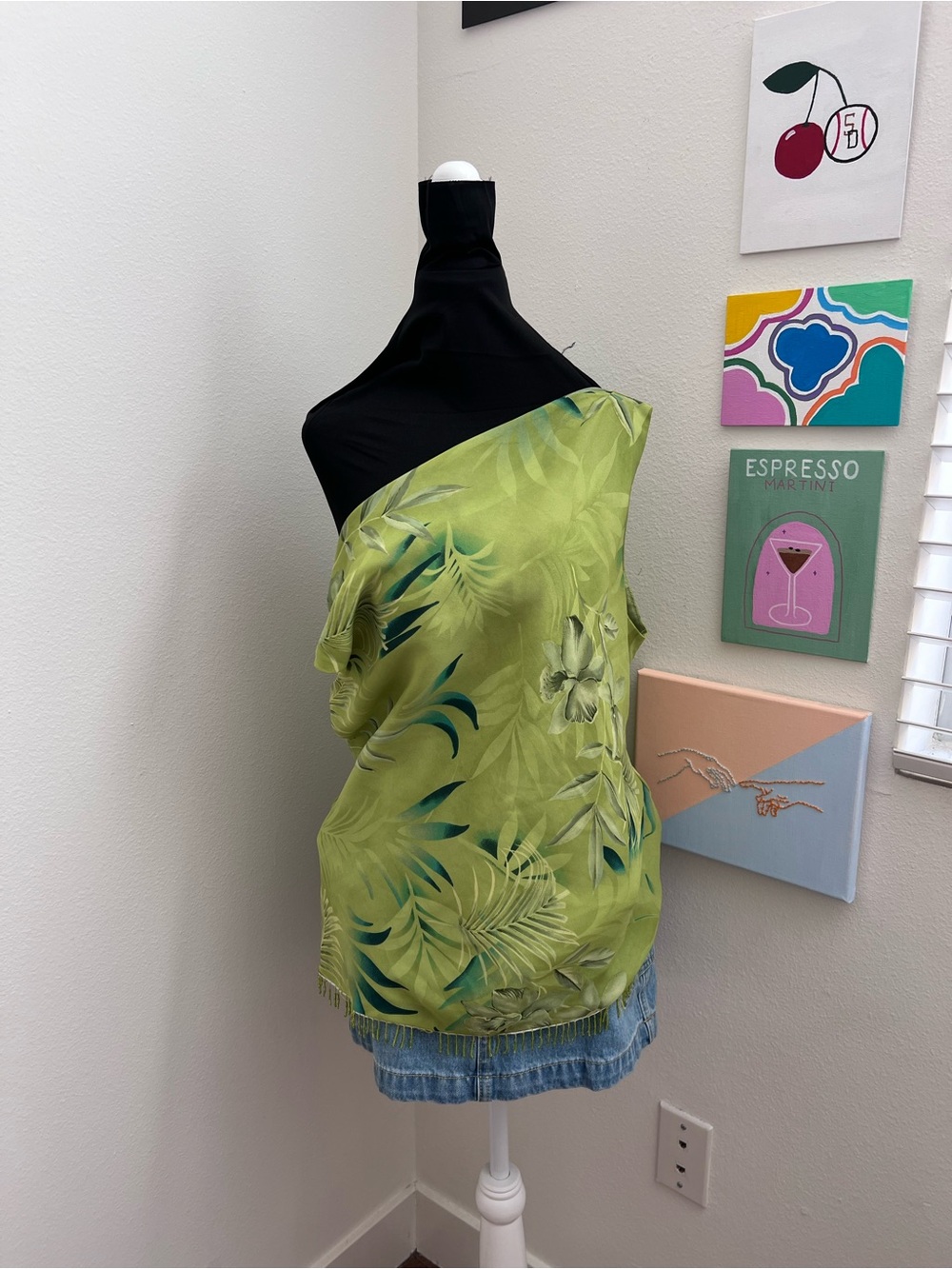 Y2K Donna Ricco Green Tropical Cowl Neck Top – Off Shoulder Draped Floral Blouse